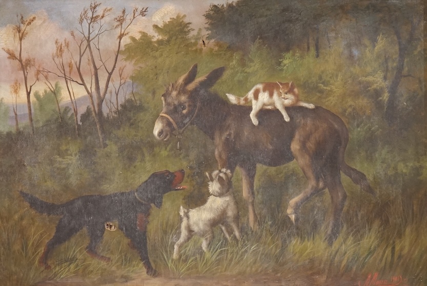 Michelangelo Meucci (Italian, 1840-1909), Study of a donkey, cat and dogs before a landscape, signed and dated 1901, oil on canvas, 44 x 64cm, ornate gilt frame